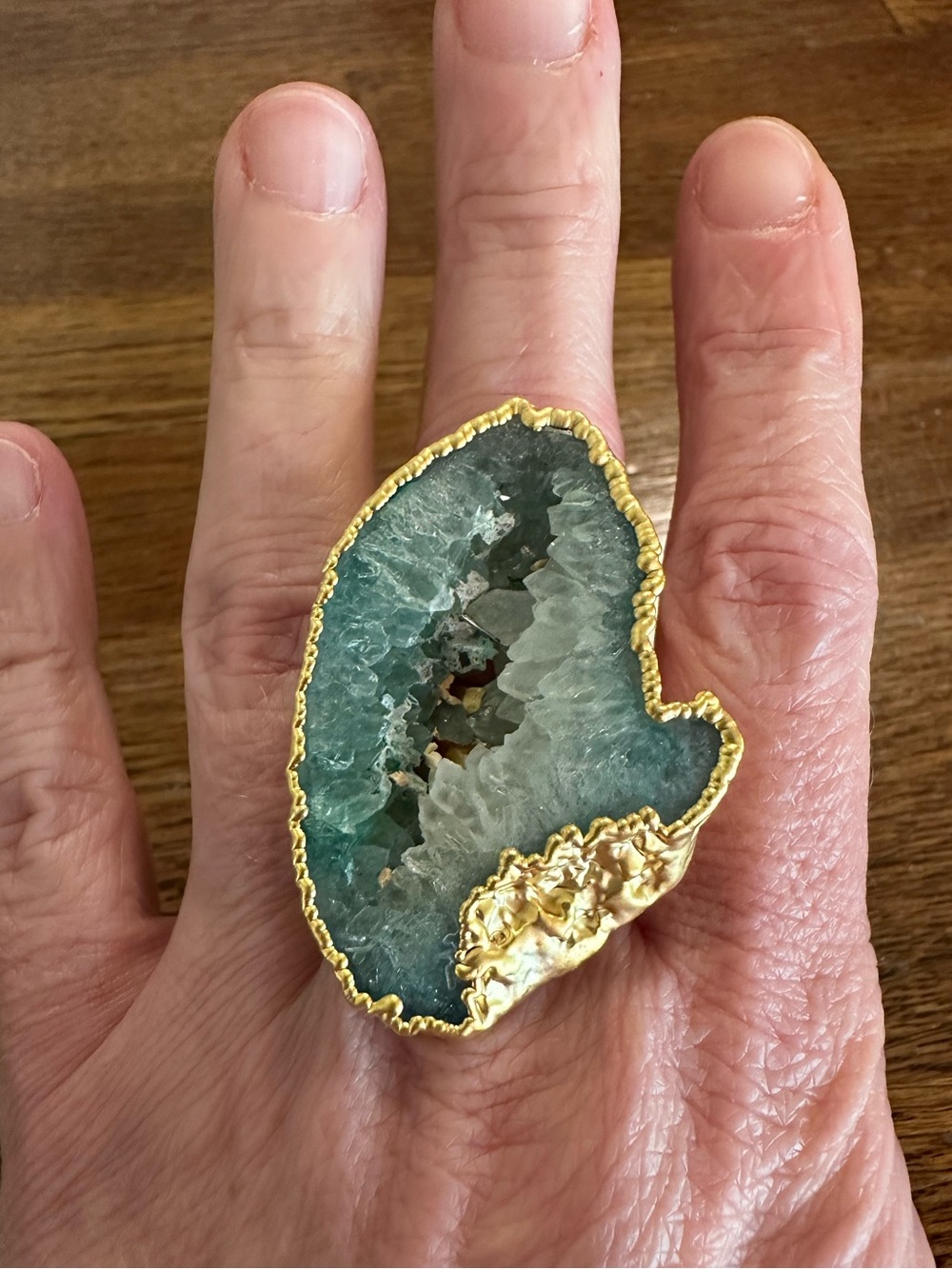 Natural Agate Geode Ring - Green Agate with Gold Edge - Adjustable